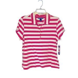 New Bandolino Striped Polo Top, pink and white, short sleeves, size PM
